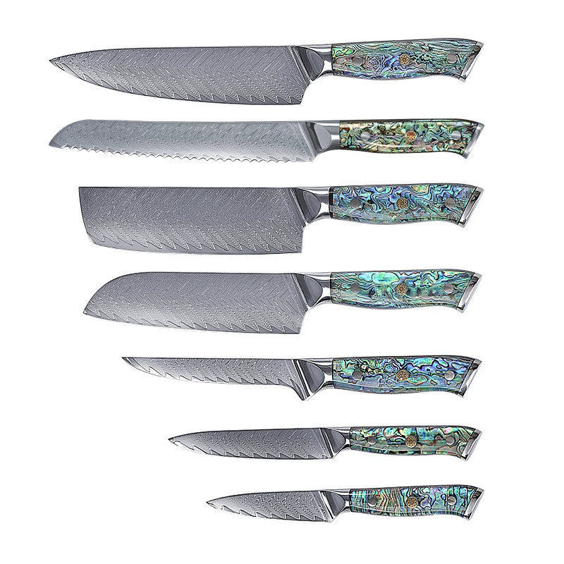Damascus kitchen knife, VG10 blade, shell handle, multi-size (3.5–8 in)