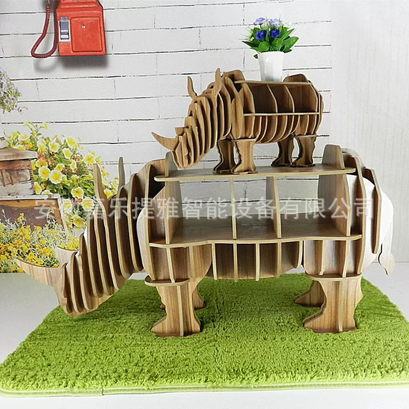 木制动物摆件犀牛造型置物架橱窗装饰工艺品落地桌面模型仿真实木