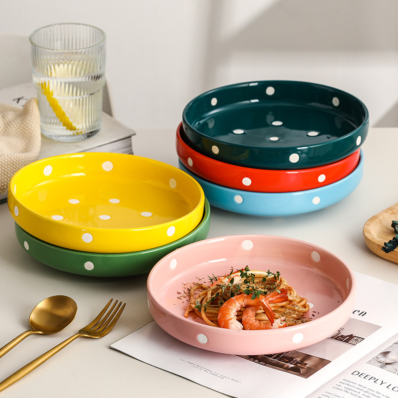 Ceramic plate creative deep dish large household Nordic polka dot…