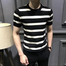 夏季针织冰丝透气短袖T恤男修身上衣条纹撞色休闲时尚ins潮流上衣