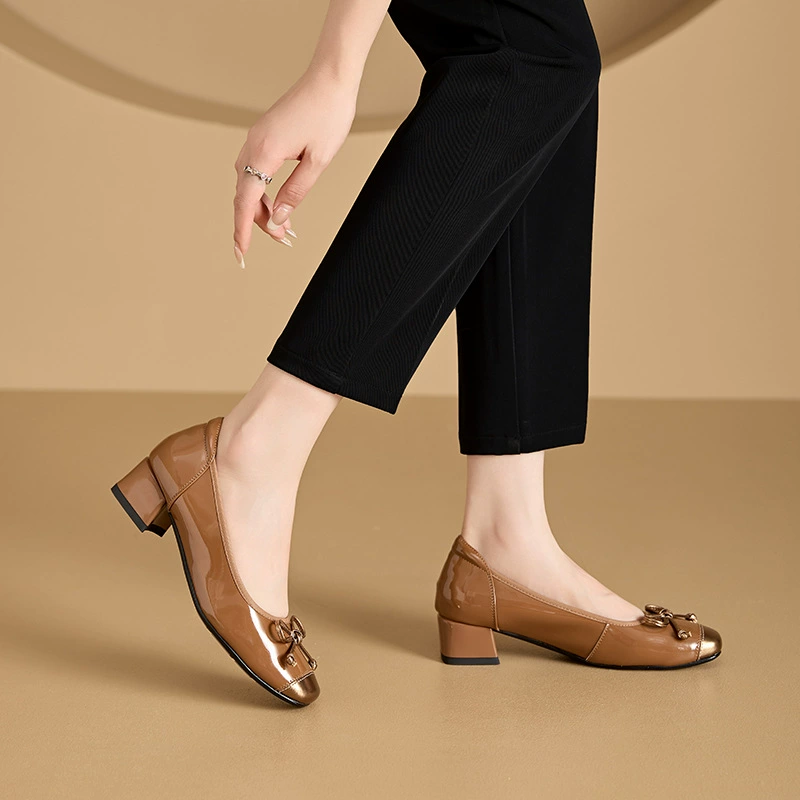 2025 г. Модные женские туфли на каблуке с французским бантом, маленькие кожаные туфли из натуральной кожи, женские повседневные туфли Мэри Джейн без шнуровки