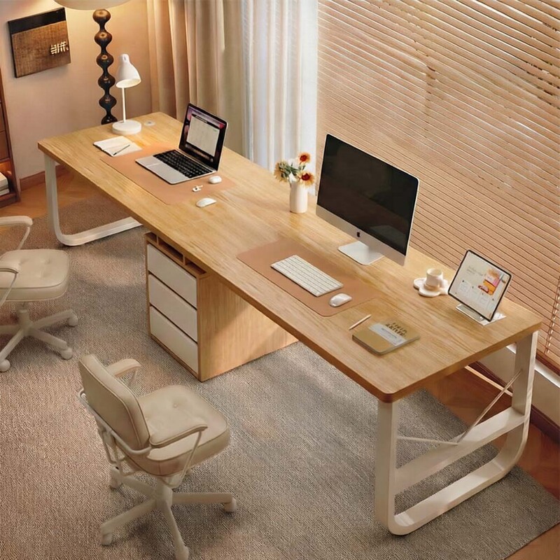 Double computer desk with drawers, desk for bedroom, home writing desk and chair, simple long table, workbench, office desk