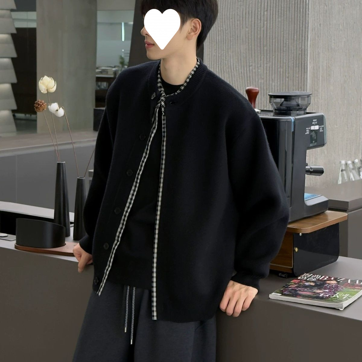 秋冬季外套男装假两件时尚针织格子拼接宽松休闲情侣毛衣韩版开衫