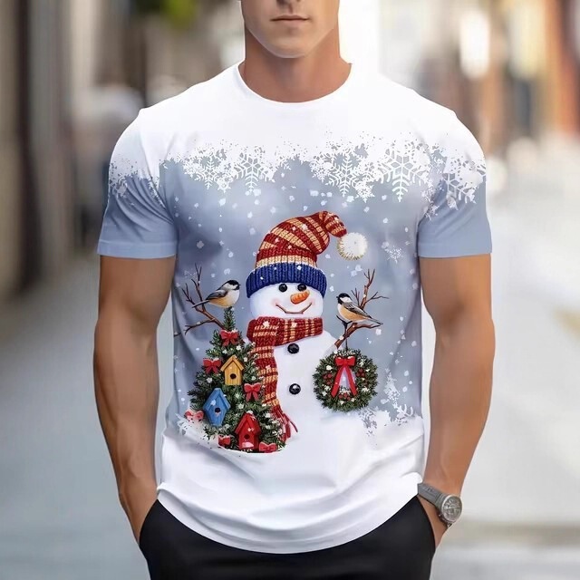 Men's Casual Versatile Regular Shoulder Round Neck Loose Short-Sleeved T-Shirt Christmas Series Snowflake Christmas Snowman 3D Print Men's Casual Versatile Regular Shoulder Round Neck Loose Short-Sleeved T-Shirt Christmas Series Snowflake Christmas Snowman 3D Print