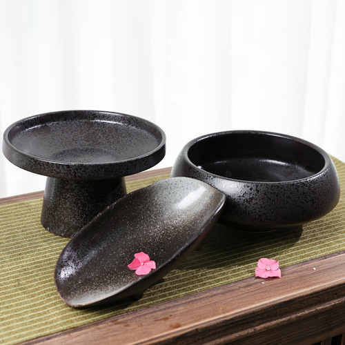 Japanese flower arrangement flower arrangement Ohara-ryu ikebana Chinese flower arrangement creative black Zen ceramic flower pot hydroponic flower tray