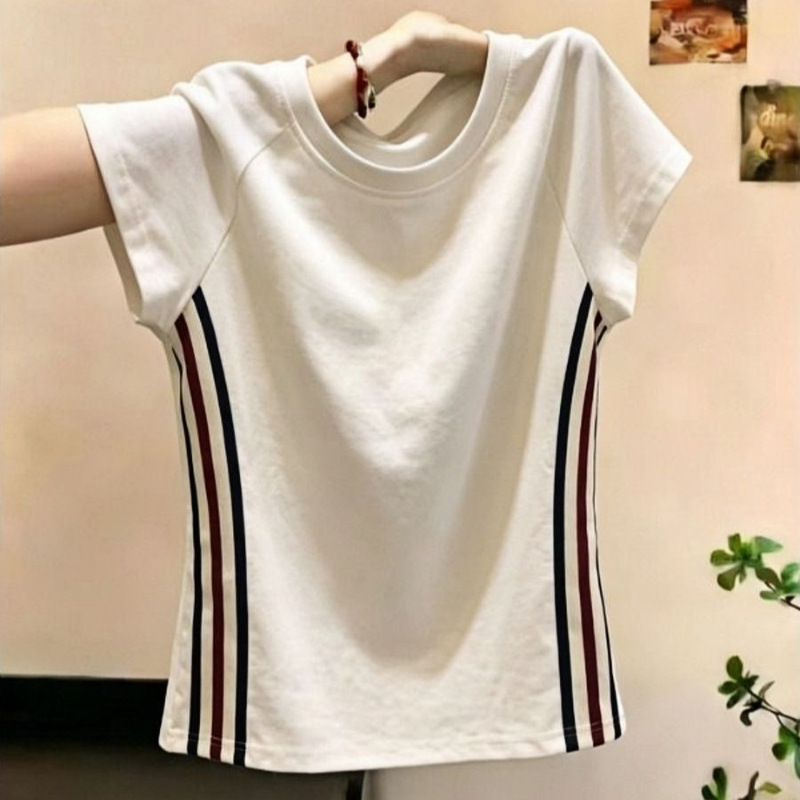 Real Shot of 40 Pieces of Pure Cotton Striped Raglan Short-Sleeve T-Shirts for Women, New Summer Style, Slim Fit, Slimming Tops, Direct Wholesale from the Manufacturer