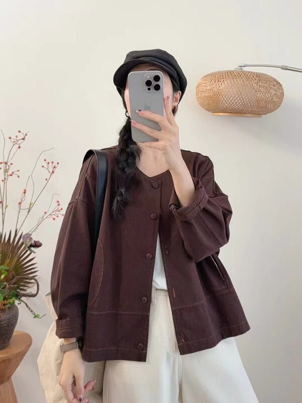 古咖服饰秋季新款棉质纯色外套女圆领单排扣休闲长袖外搭开衫上衣|undefined