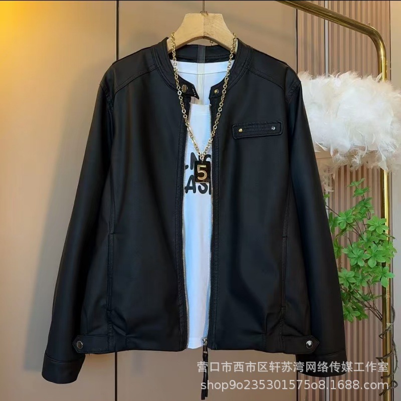 大码胖妹妹时尚洋气宽松显瘦机车pu皮衣通勤休闲外套潮