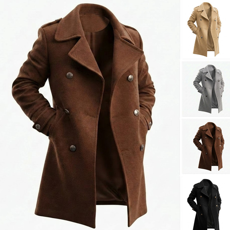 In stock: 2026 autumn/winter men's wool coat, available on Wish and Amazon, warm and thick, double-breasted style, European size