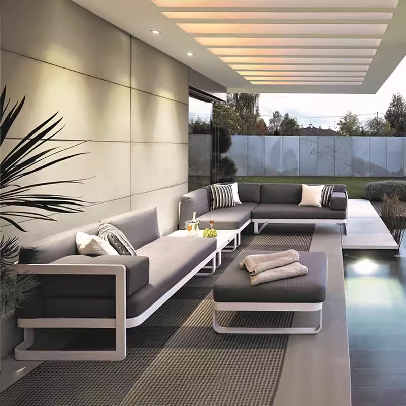 Sofá de aleación de aluminio al aire libre, villa de jardín, hotel, protección solar, impermeable, ocio, balcón al aire libre, combinación de muebles de acero inoxidable