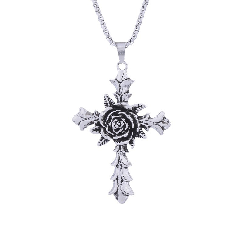 Nuova collana lunga con croce e fiore di rosa per uomo, ciondolo alla moda hip hop, versatile catena per maglione_voghion.com