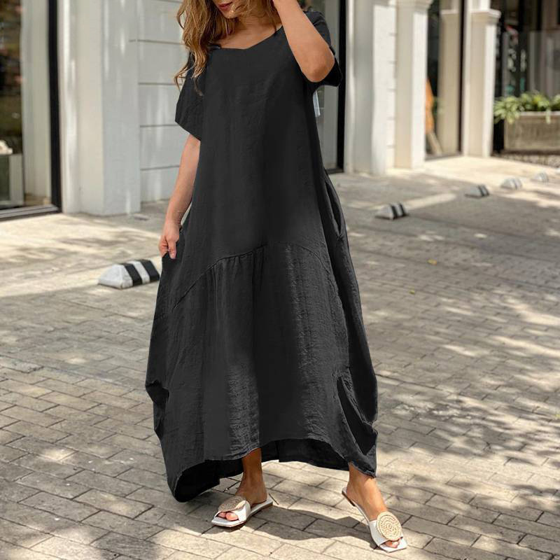 Women's A-line Skirt Casual V Neck Patchwork Short Sleeve Solid Color Maxi Long Dress Daily display picture 6