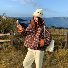 格子设计感棉服2025冬女短款宽松加厚学生棉衣外套两面穿上衣女