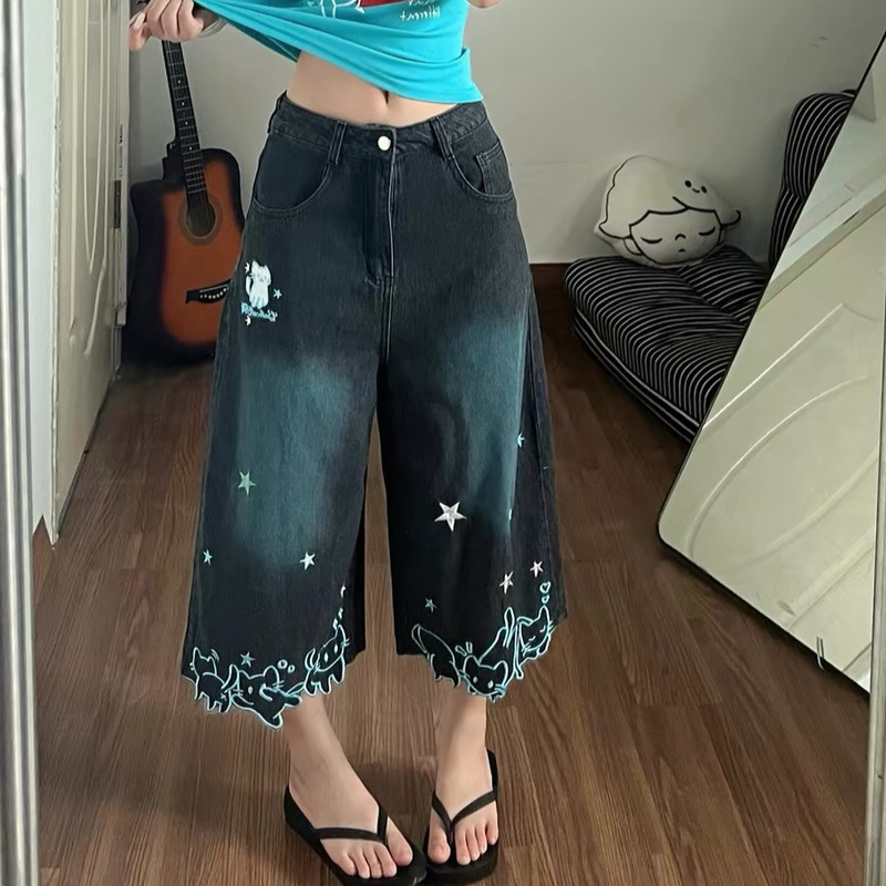 Japanese-Style Cute Cat Embroidery Wide-Leg Denim Shorts for Women, Summer Niche Design, College Style, Straight-Cut, Seven-Point Length Shorts Japanese-Style Cute Cat Embroidery Wide-Leg Denim Shorts for Women, Summer Niche Design, College Style, Straight-Cut, Seven-Point Length Shorts