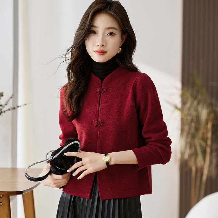91020 pure wool cardigan coat vintage buckle stand collar short 100 pure wool coat women's knitted cardigan