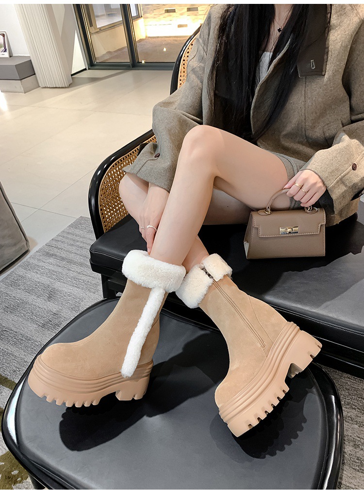Boot ngắn nữ gót nêm lông cừu nhân tạo, tăng chiều cao bên trong, form ấm mùa đông — mơ 15cm chi tiết 11