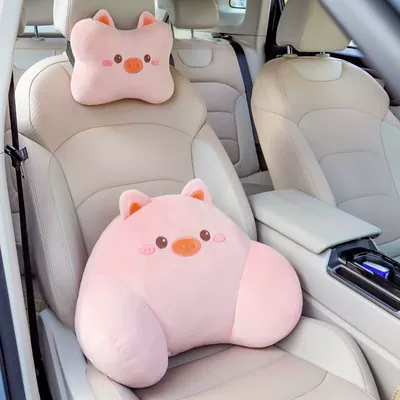 Headrest Support, Cartoon Creative Car - cute-pig-pink-headrest-lumbar-support-set