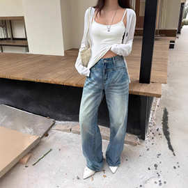 陆晟美式水洗做旧磨白牛仔裤男女猫须口袋设计感宽松显瘦直筒裤子