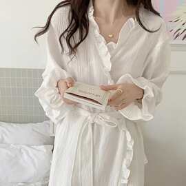 纯欲风性感荷叶边睡衣裙子女春秋薄款长款睡袍浴袍家居服睡裙晨袍