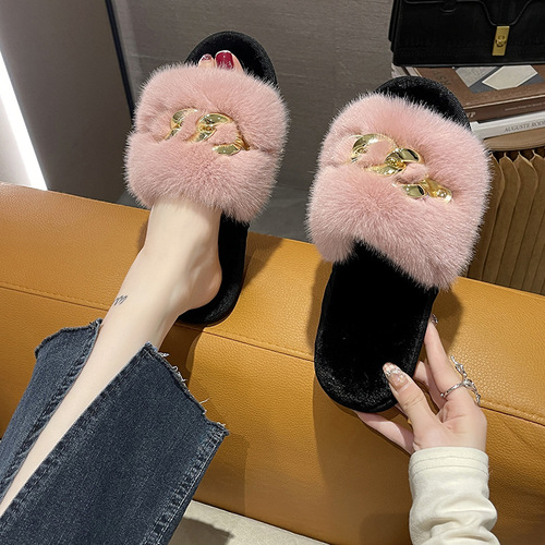 Foreign trade autumn and winter new metal chain fur slippers women's fashion warm large fur flat heel slippers cross-border
