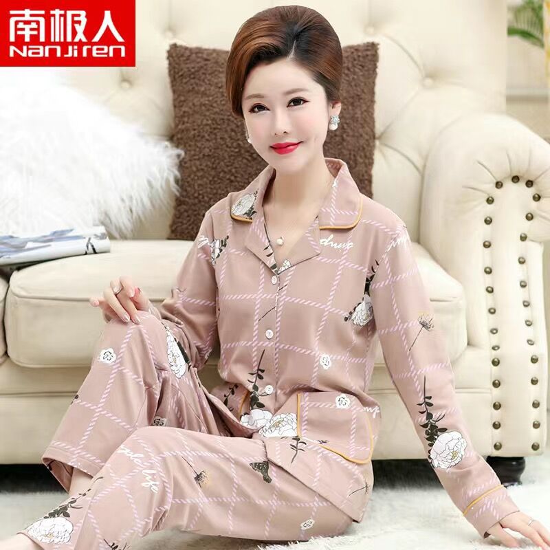 Primavera y otoño 100% pijamas de algodón de manga larga de las mujeres más tamaño cardigan traje de mediana edad y ancianos ropa de casa invierno