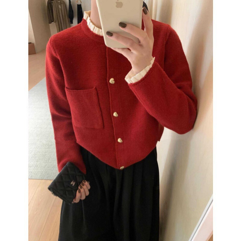 French New Year Atmosphere, Little Chanel Style ~ Pleated Collar, Patchwork Collar, Heart Button Sweater Jacket, Knitted Cardigan