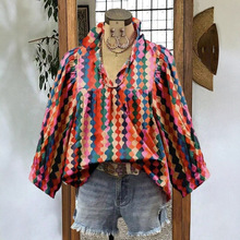 新款跨境欧美亚马逊独立站速卖通印花V领宽松荷叶边长袖女装上衣