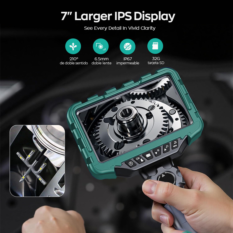 Industrial endoscope, dual lens, 360° rotatable, 7 inch screen, HD