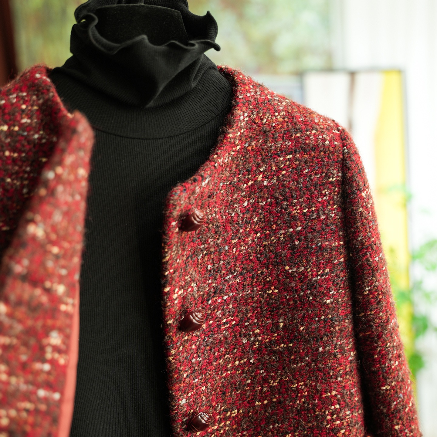 Red Tweed Short Jacket Women's Autumn and Winter All-Match 1008