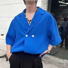 夏季克莱因蓝设计感短袖衬衫男宽松华夫饼格古巴领西服衬衣潮流款