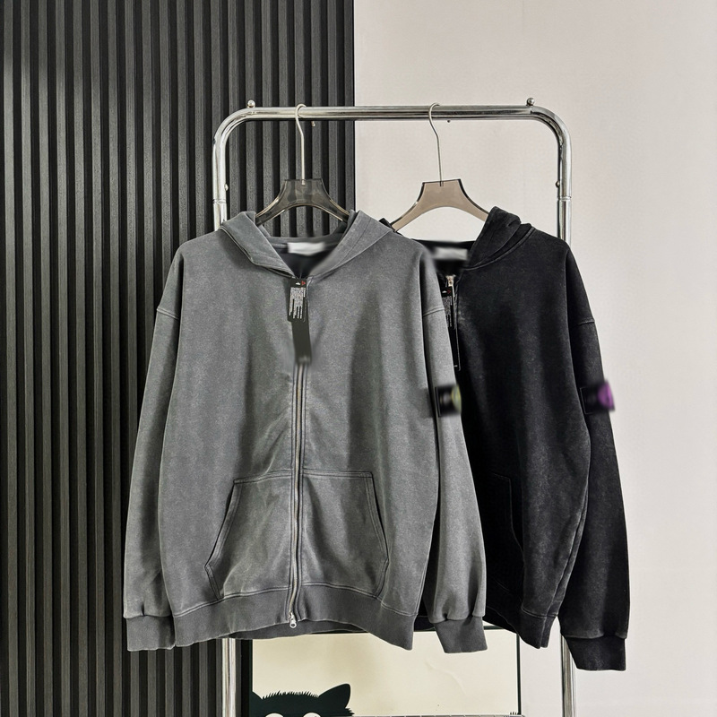 Cross-Border Stone Stone Four Island Classic Cardigan Sweatshirt Hoodie Washed Distressed Zipper Jacket for Men and Women