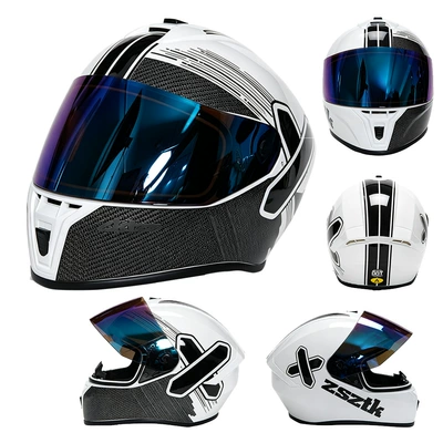 all seasons, safety helmet for riding, Motosiklet kaskı (dəbilqə) - black-and-white-two-tone-left-and-right-blue-mirror-s-55-56