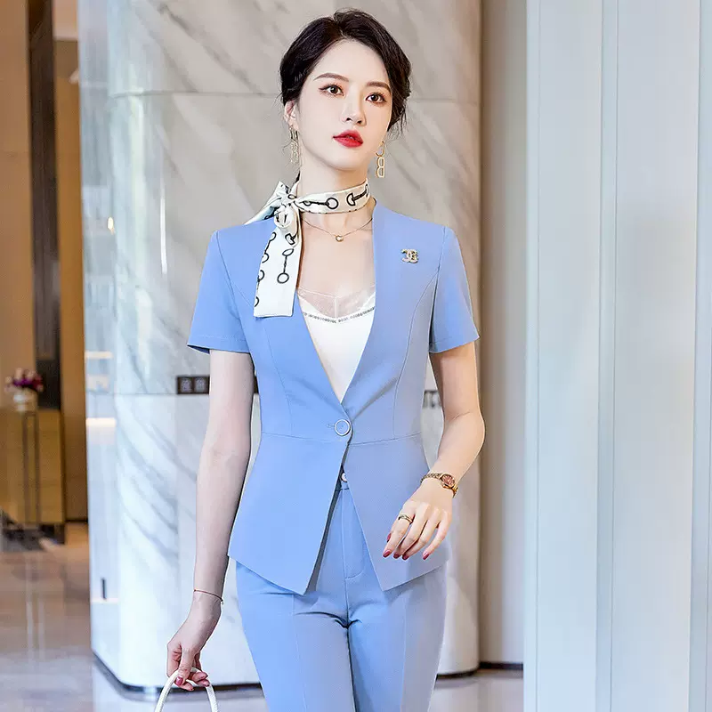 女短袖紫色无领西装套裙美容师工作服销售珠宝店工装夏季职业套装