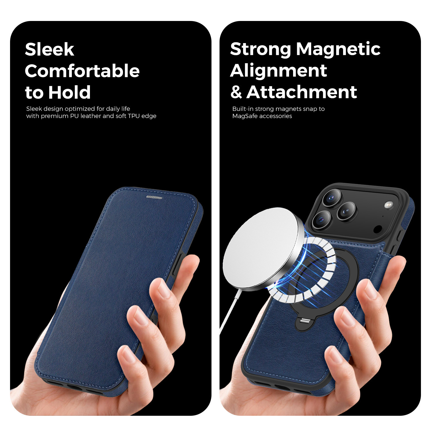 Ốp lưng da lật iPhone 16 Pro Max xoay 360 độ tích hợp giá đỡ từ tính — màu đen, màu xanh hoàng gia, Màu nâu, xám chi tiết 24