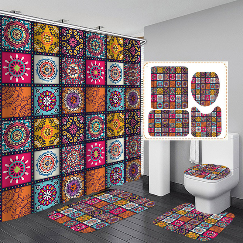 Venta caliente de Amazon Cortina de ducha de baño bohemia Tela de cortina de baño impermeable Juego de cuatro piezas Gran cantidad y excelente precio