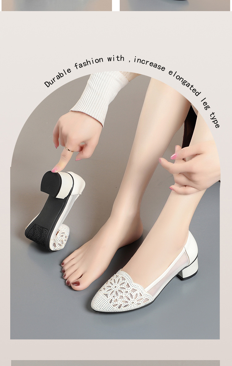 Sandal nữ da thật đế mềm lưới rỗng gót giữa dày mũi nhọn — màu be chi tiết 9