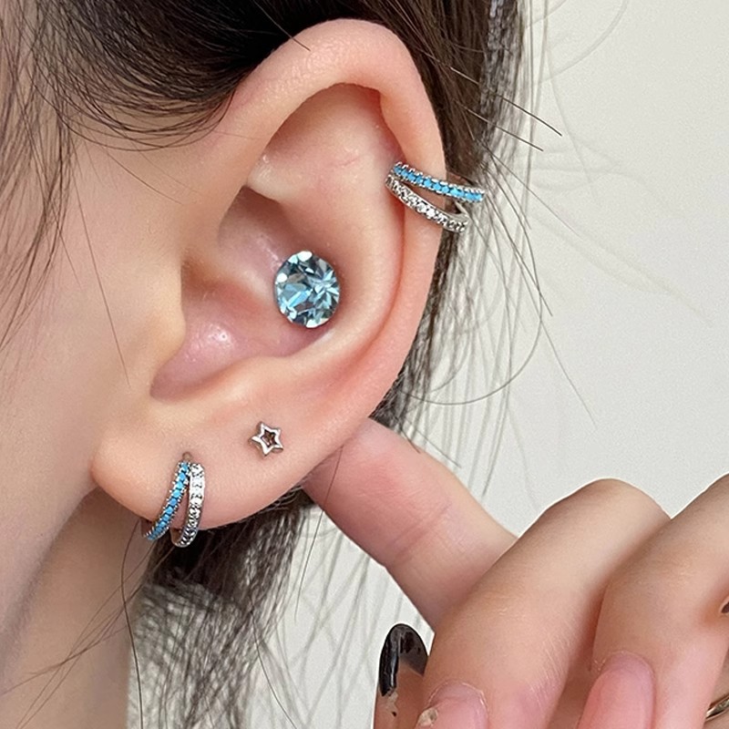 Pink Daily藍色雙層鋯石圓圈耳扣女925銀針小眾設計感耳骨環耳飾