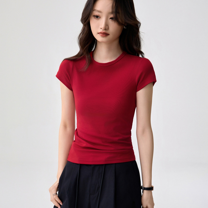 40-count combed cotton, small round neck, women's short-sleeve T-shirt, new summer style, simple and versatile, slim-fit and slimming top 40-count combed cotton, small round neck, women's short-sleeve T-shirt, new summer style, simple and versatile, slim-fit and slimming top