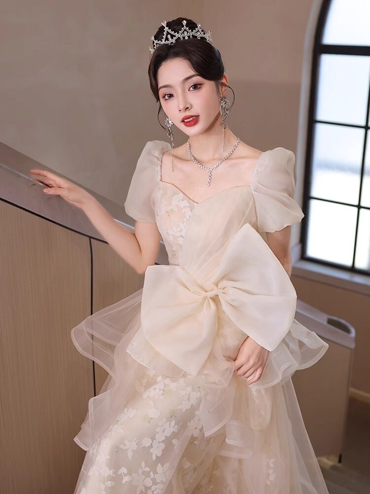 Đầm dạ hội công chúa tay lỡ cổ tròn thắt eo xòe bồng — Champagne 2534 chi tiết 1