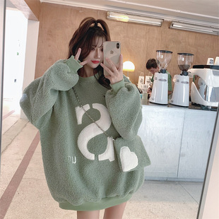 Round Neck Sweatshirt for Women with Velvet and Thickeneding 2025 Autumn and Winter Lazy Style Mid-Length Lamb Plush Letter Top Wholesale
