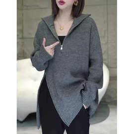 一件代发不规则毛衣中长款打底衫2025春季新款拉链高领上衣女