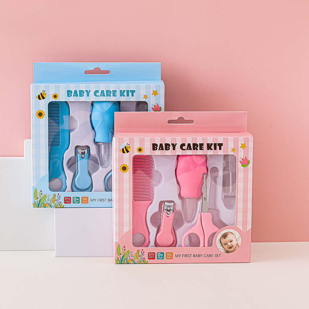 Juego de limpieza para bebés transfronterizo, aspirador nasal para bebés, cepillo de dientes para dedos, tijeras de seguridad, cortaúñas, peine pequeño, juego de 5 piezas