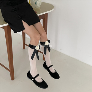 Spring and Summer New Niche Three-dimensional Camellia Mid-length Socks Bow Socks Summer Thin Black Short Socks