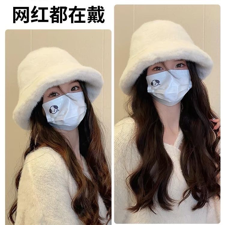 毛绒渔夫帽女秋冬时尚保暖仿皮草帽子显脸小百搭毛绒帽防寒盆帽