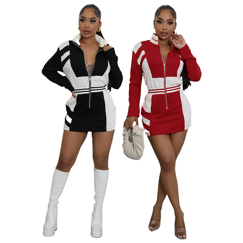 M3067 Amazon European and American Cross-border Women's New Casual Color-matching Zipper Jacket Long-sleeved Waist dress Women
