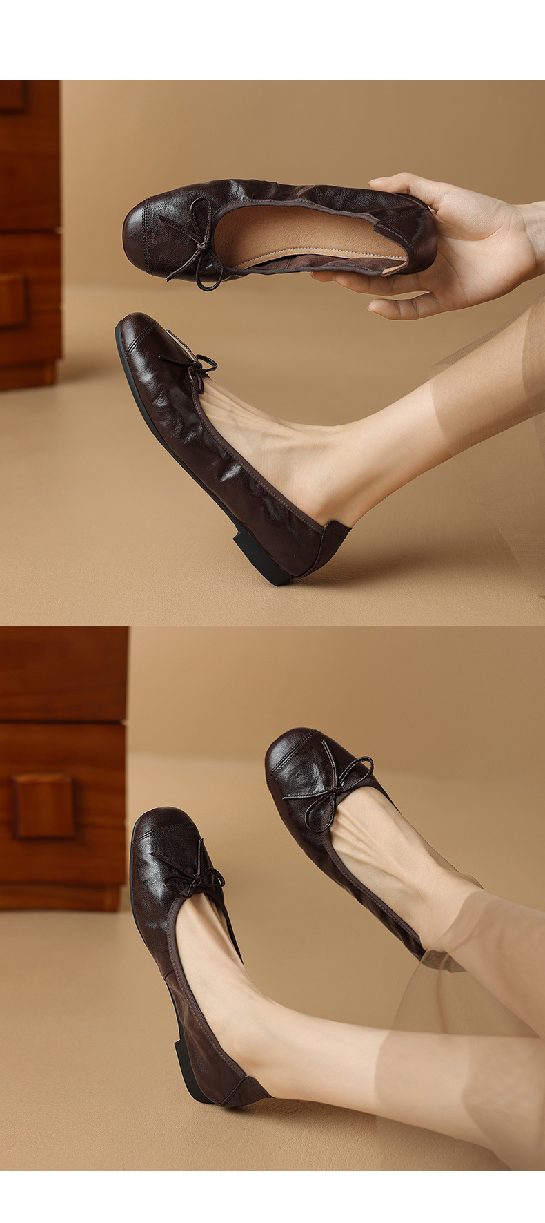Giày ballet nữ mũi tròn đế bệt da cừu mềm nơ bướm — Màu nâu chi tiết 16