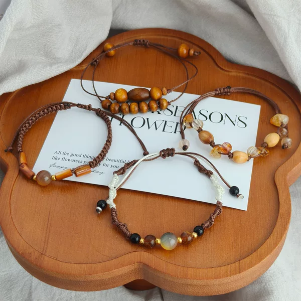 New Shell Natural Stone Maillard Style Autumn Cat's Eye Bracelet Hand-Woven Bracelet Fresh Woven Bracelet