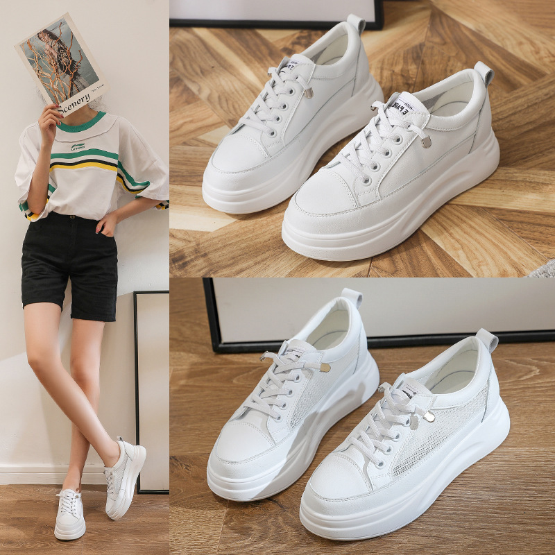 Genuine Leather Mesh White Shoes for Women 2025 Spring and Summer New Women's Casual Shoes Lightweight Heightening Women's Flats Thick-Soled Sneakers