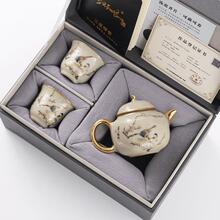 陶桓李辉熠青玉汝窑喜上眉梢聚财八方一壶两杯高档功夫茶具套装