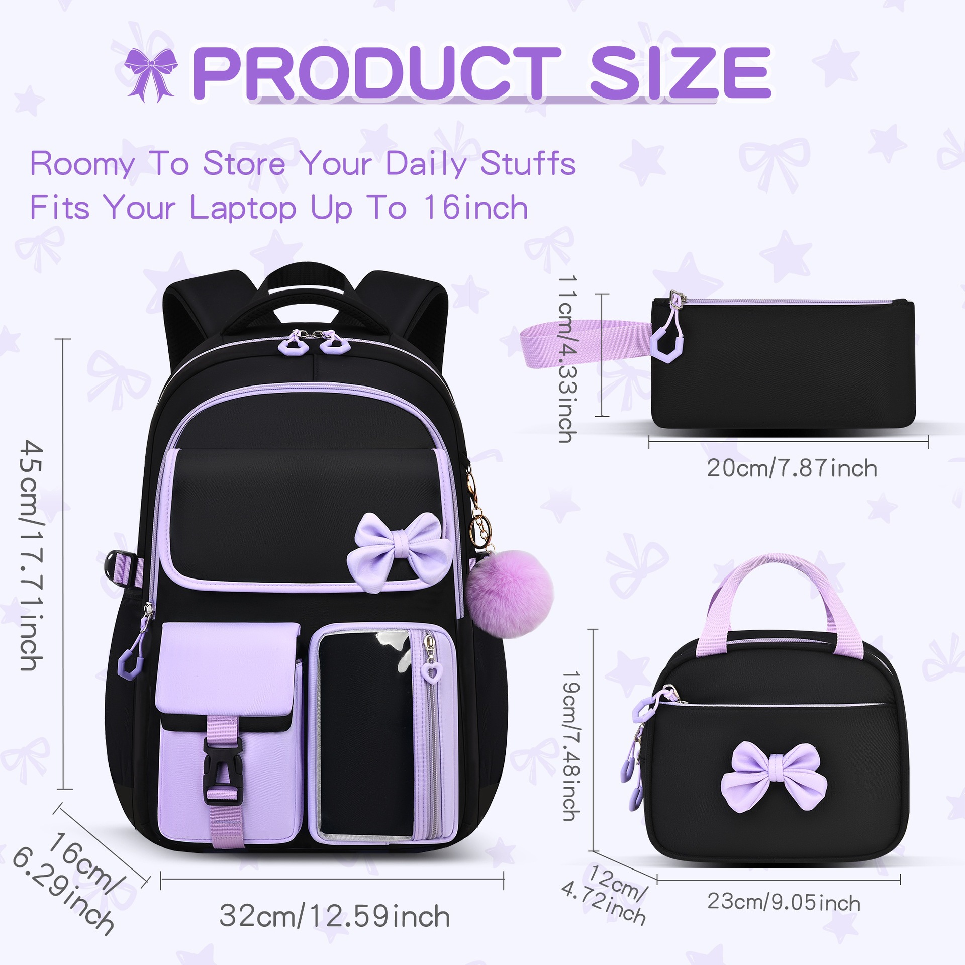 Amazon Best-selling High-capacity Bow Tie Three-piece Set Schoolbag for Girls, Junior and Senior High School and College Students, Backpack